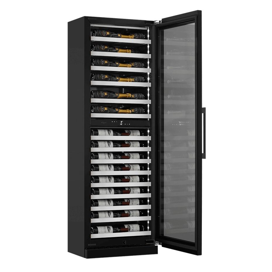 mQuvée WineCave Slim 182D - 57 Bottles - Tall Wine Fridge - Anthracite Black - Label-view