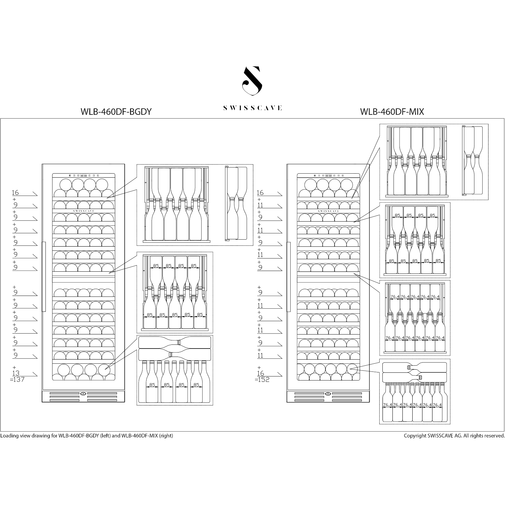 SWISSCAVE Premium - 600mm Dual Zone - 152 Bottle - Freestanding / Built in Wine Cooler - WLB-460DF-MIX