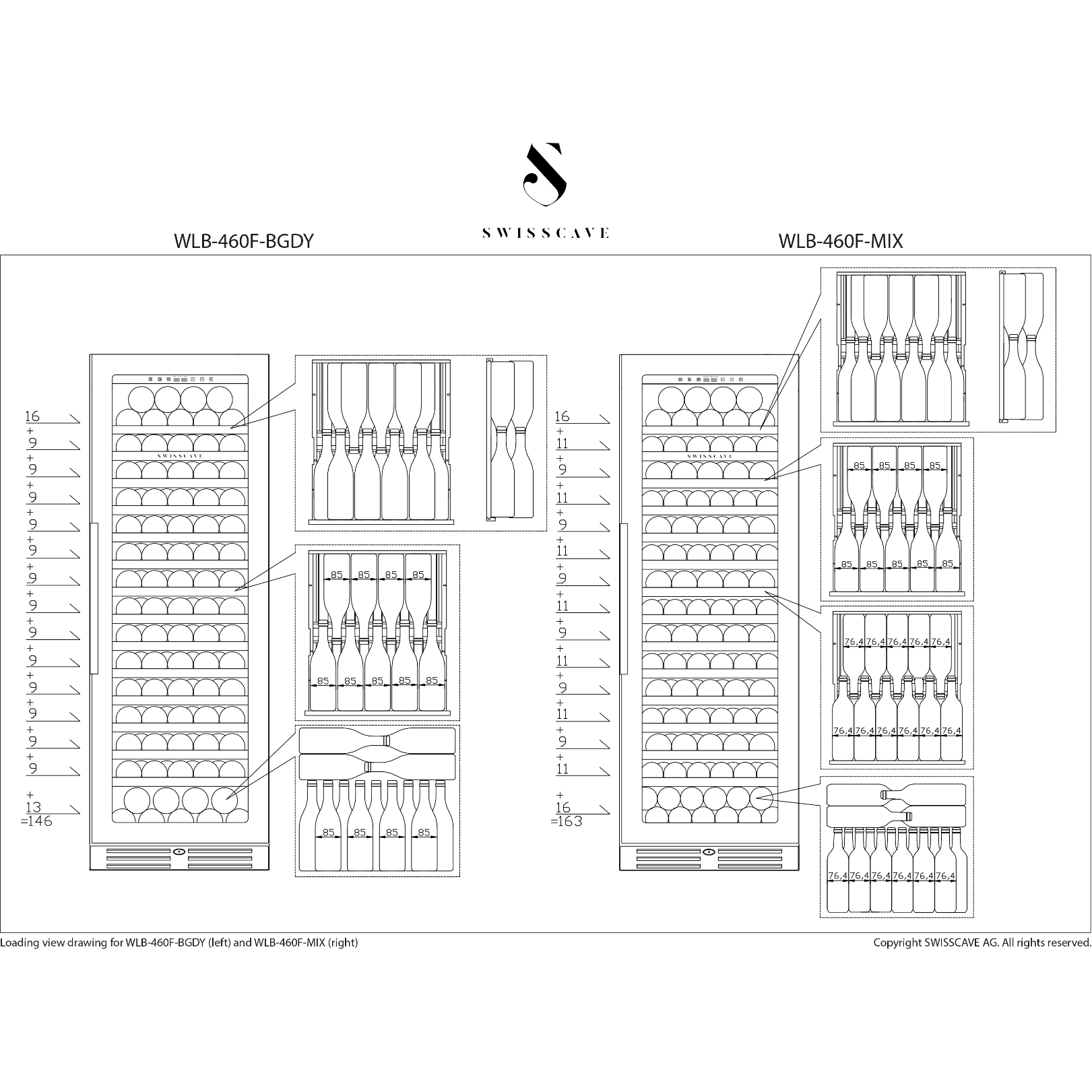 SWISSCAVE Premium - 600mm - 163 Bottle - Freestanding / Built in Wine Cooler - WLB-460F-MIX